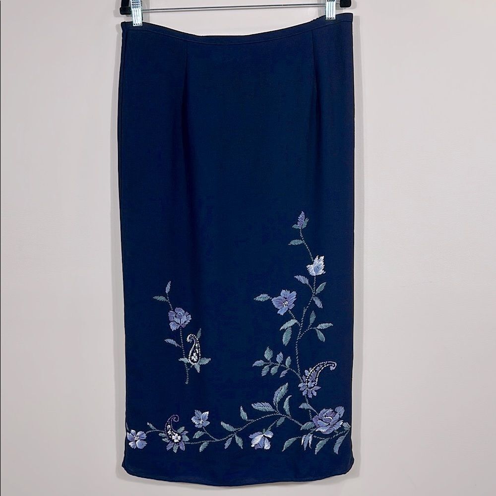 Alfred Dunner Vintage Navy Blue Floral Print Stretch Maxi Skirt Women Size 14